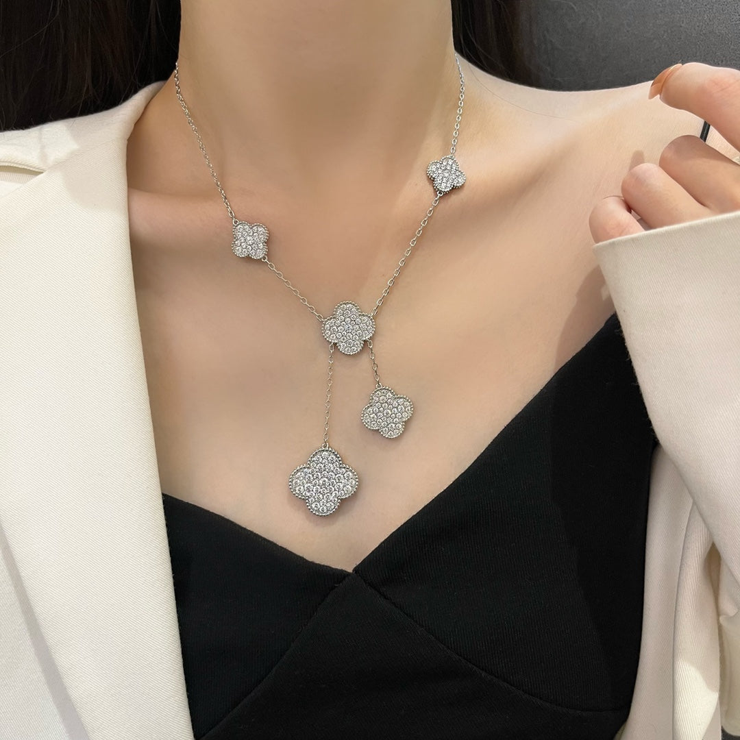[Kismet Jewels ]CLOVER 5 MOTIFS SILVER DIAMONDS NECKLACE