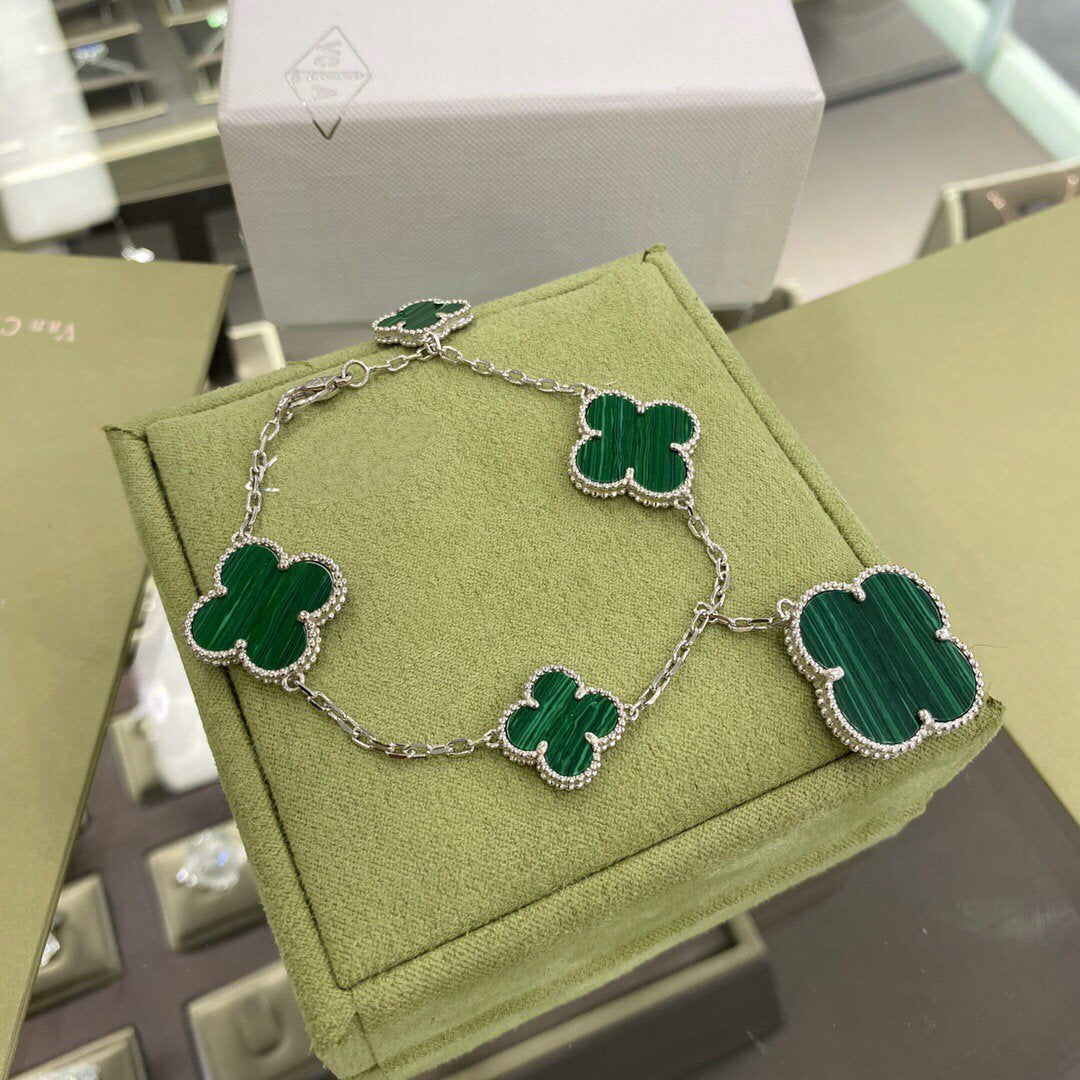[Kismet Jewels ]CLOVER 5 MOTIFS SIVLER MALACHITE BRACELET
