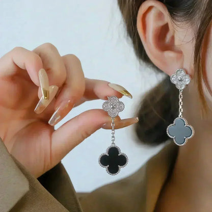 [Kismet Jewels ]CLOVER 2 MOTIFS  DIAMOND ONYX EARRINGS SILVER