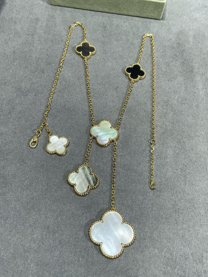 [Kismet Jewels ]CLOVER 6 MOTIF MOP ONYX GOLD NECKLACE
