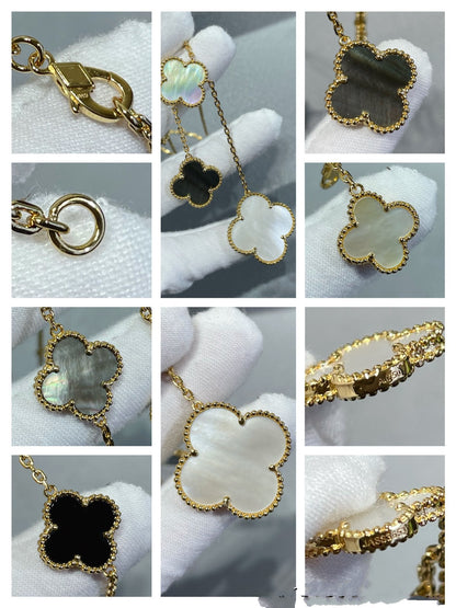 [Kismet Jewels ]CLOVER 6 MOTIF MOP ONYX GOLD NECKLACE