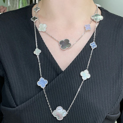 [Kismet Jewels ]CLOVER 16 MOTIF CHALCEDONY MOP SILVER NECKLACE