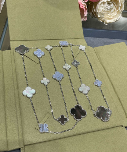 [Kismet Jewels ]CLOVER 16 MOTIF CHALCEDONY MOP SILVER NECKLACE