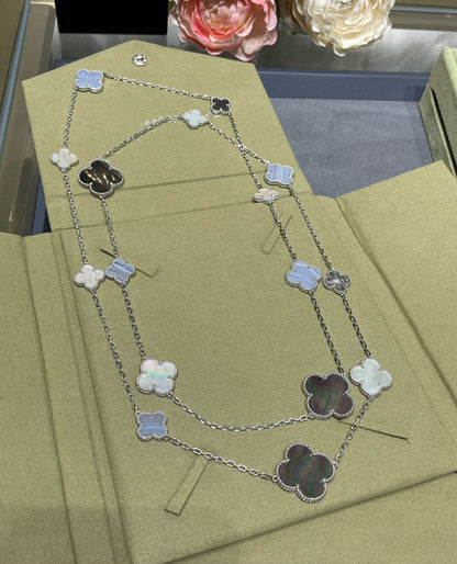 [Kismet Jewels ]CLOVER 16 MOTIF CHALCEDONY MOP SILVER NECKLACE