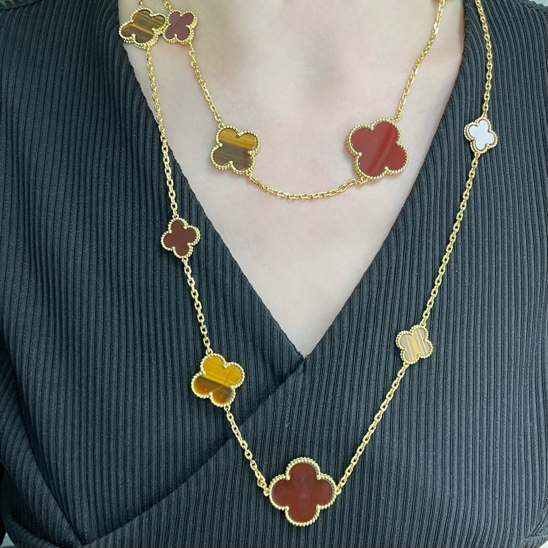 [Kismet Jewels ]CLOVER 16 MOTIF CARNELIAN TIGER EYE ROSE GOLD NECKLACE