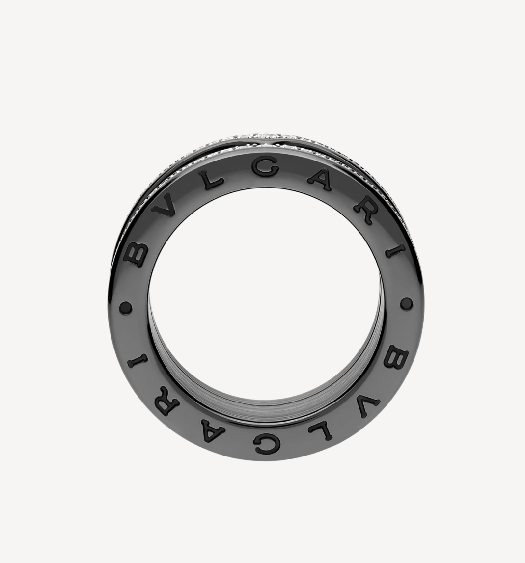 [Kismet Jewels ]ZERO 1 ROCK FOUR-BAND BLACK CERAMIC WITH STUDDED SPIRAL AND PAVED DIAMONDS RING