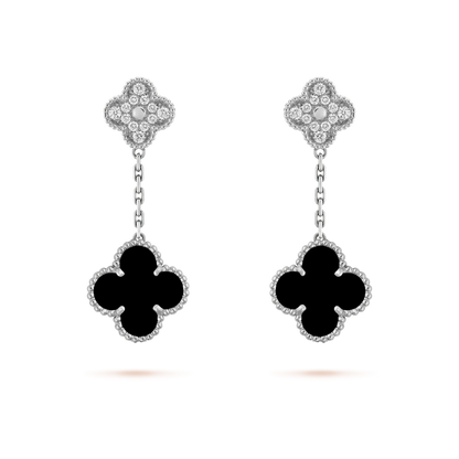 [Kismet Jewels ]CLOVER 2 MOTIFS  DIAMOND ONYX EARRINGS SILVER