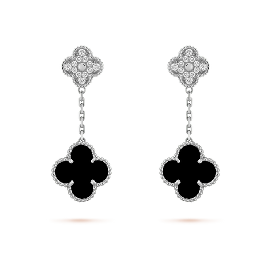 [Kismet Jewels ]CLOVER 2 MOTIFS  DIAMOND ONYX EARRINGS SILVER