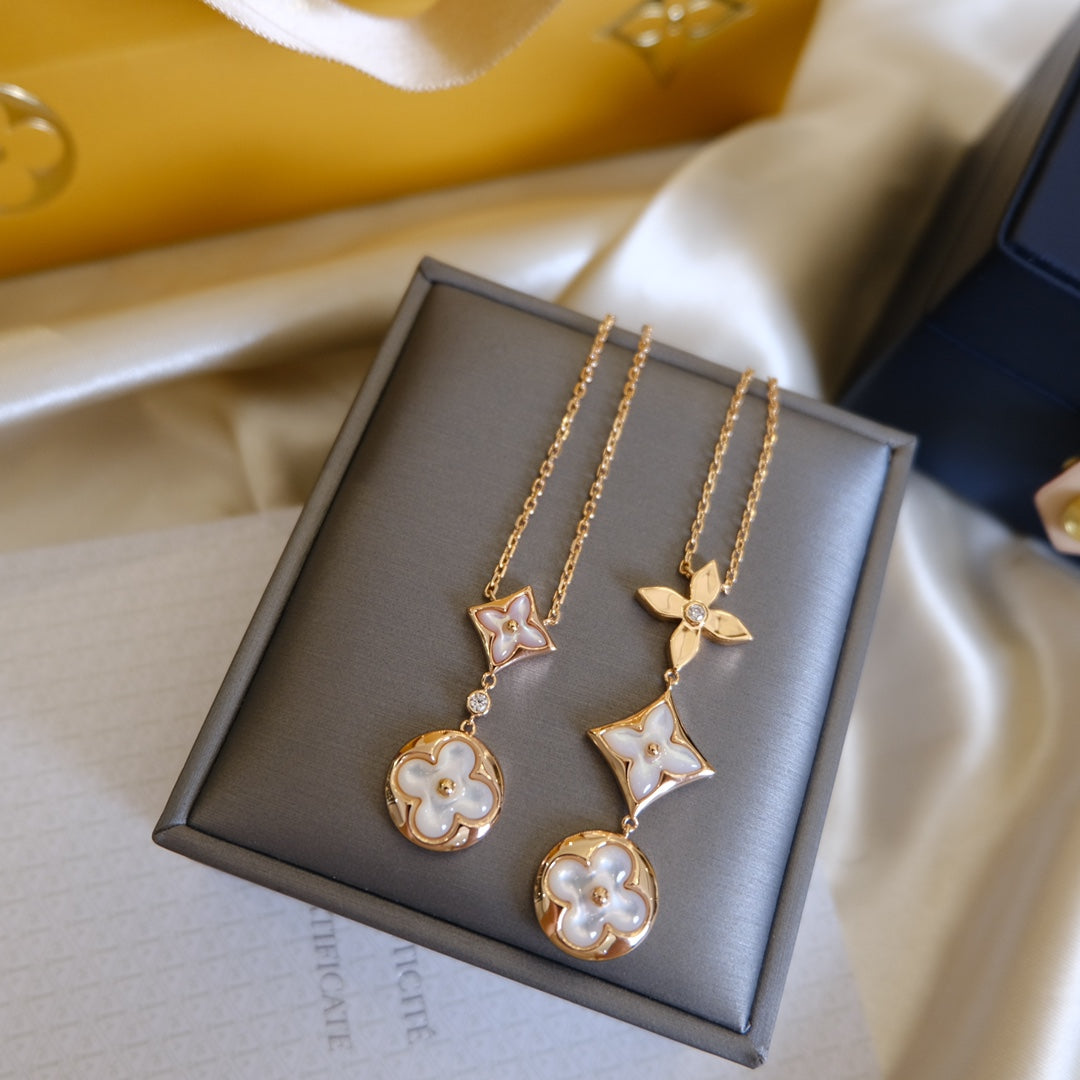 [Kismet Jewels ]COLOR BLOSSOM LARIAT NECKLACE PINK GOLD WHITE MOTHER PEARL AND DIAMOND