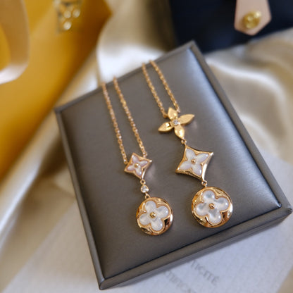 [Kismet Jewels ]COLOR BLOSSOM LARIAT NECKLACE PINK GOLD WHITE MOTHER PEARL AND DIAMOND
