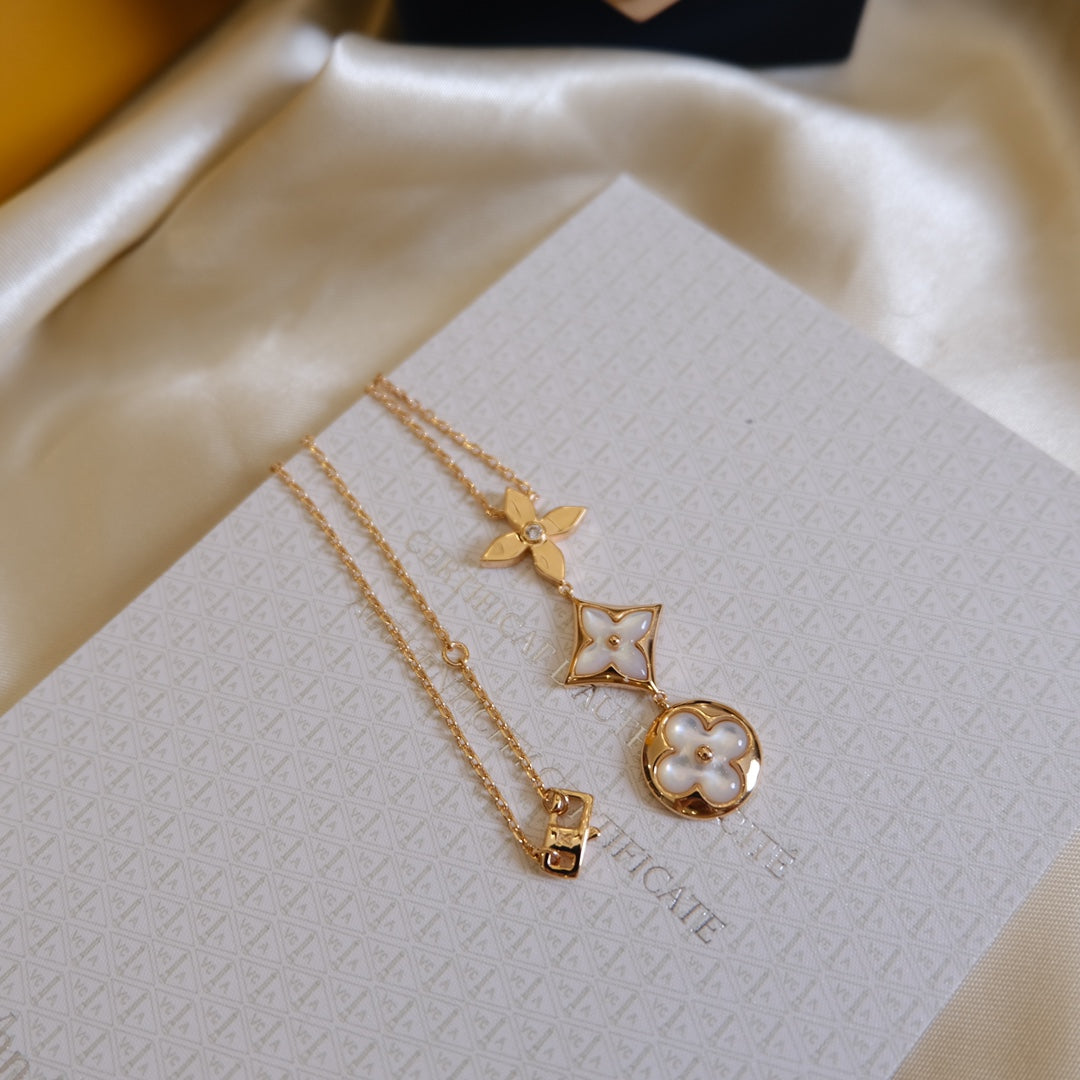 [Kismet Jewels ]COLOR BLOSSOM LARIAT NECKLACE PINK GOLD WHITE MOTHER PEARL AND DIAMOND