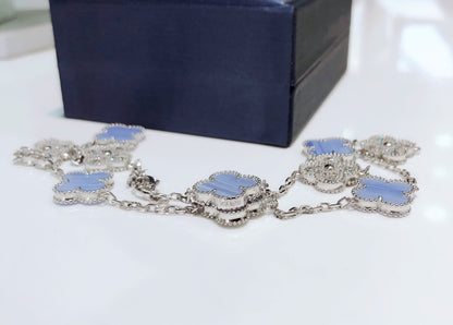 [Kismet Jewels ]CLOVER 10 MOTIFS CHALCEDONY DIAMONDS SILVER NECKLACE