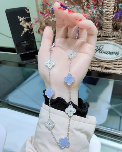 [Kismet Jewels ]CLOVER 10 MOTIFS CHALCEDONY DIAMONDS SILVER NECKLACE